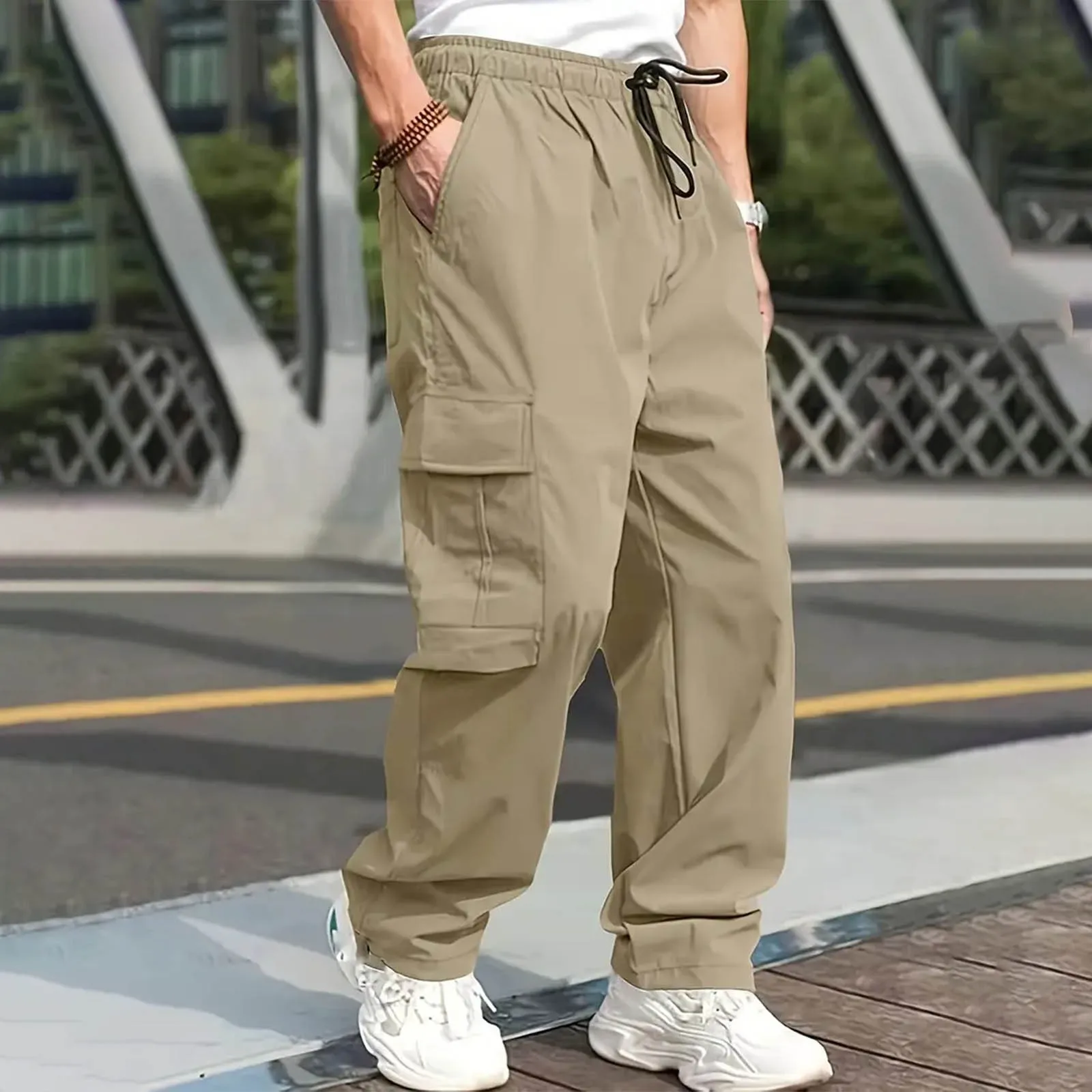 Men'S Solid Color Casual Long Pants Drawstring Pocket Cargo Pants Men'S Casual Simple All-In-One Pants Fashion Street Style Pant