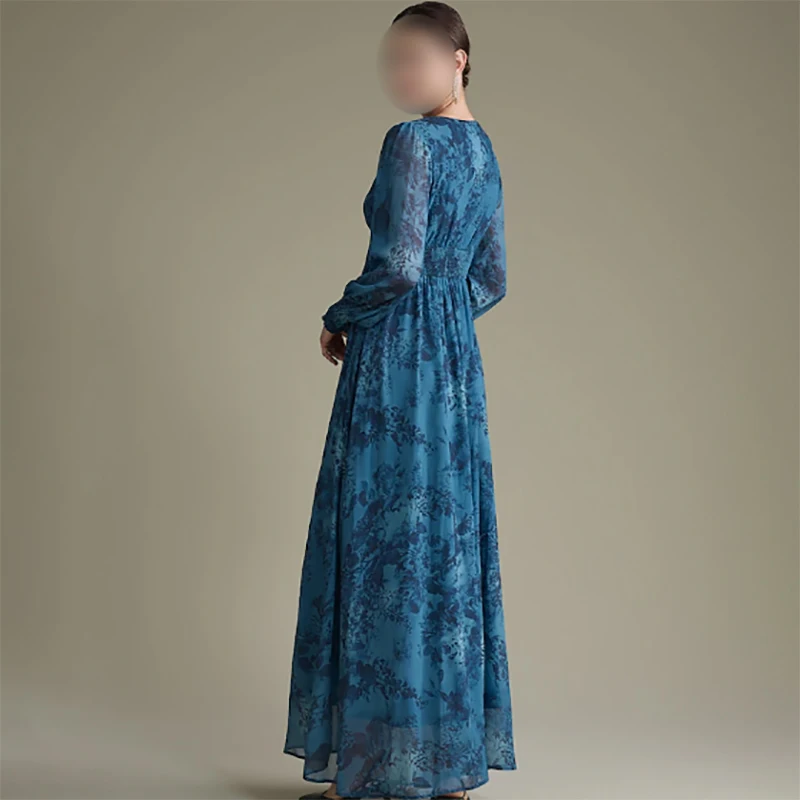 

Printed v-neck Long Sleeves Evening Dresses Women Chiffon Chiffon Elastic Waist Long Dress Prom Dresses 2024