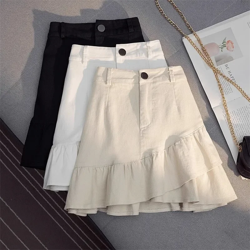 2025 Spring/Summer New High Waist Short Skirt with White Denim Fabric, Irregular Ruffle Hem and A-Line Cut, Women's