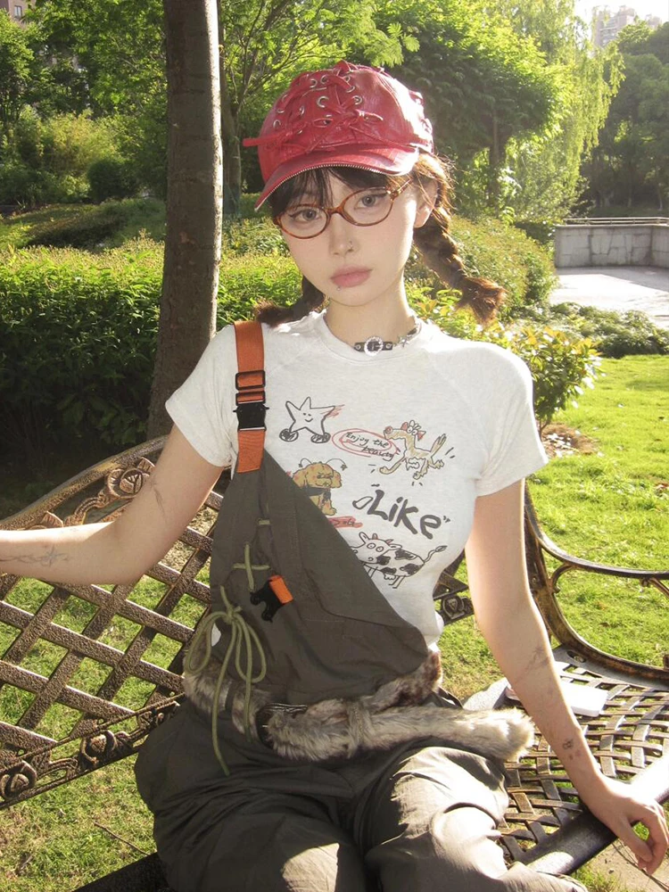 Harajuku تي شيرت مطبوع المرأة سليم كم قصير المحاصيل القمم Y2k خمر الجرونج القمم الشارع الشهير 2000s بلايز اليابانية