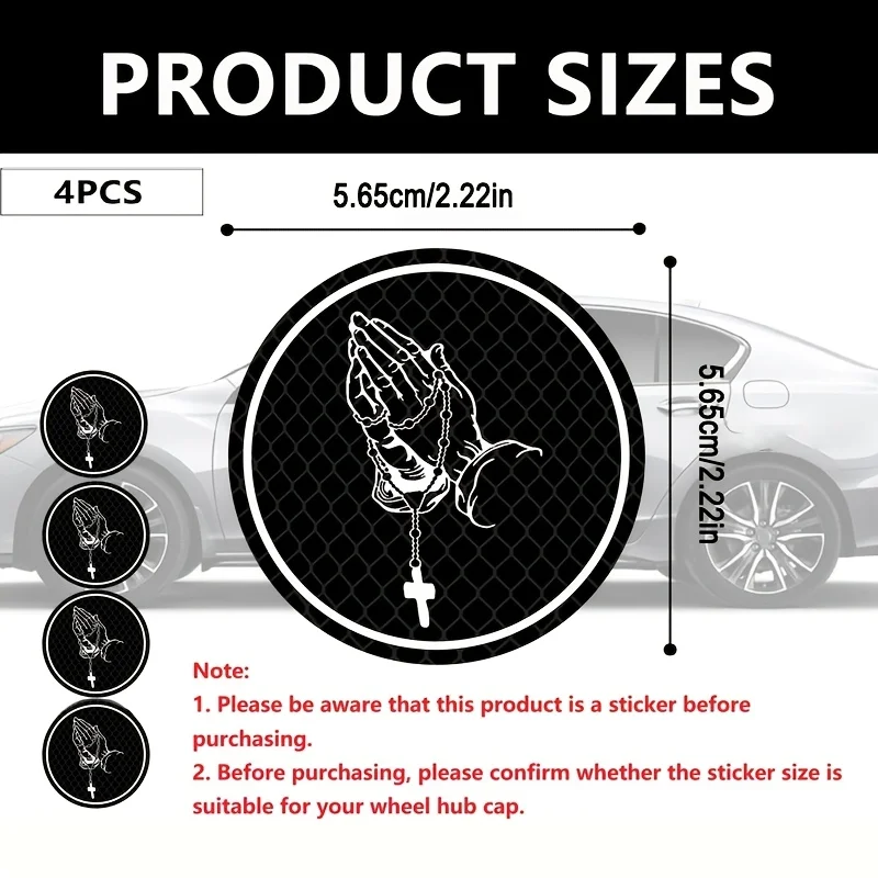 4Pcs Reflective Praying Hand Cross Vinyl Stickers, Waterproof Decals For Car Wheel Hub Center Cap Decor, Holiday Gift