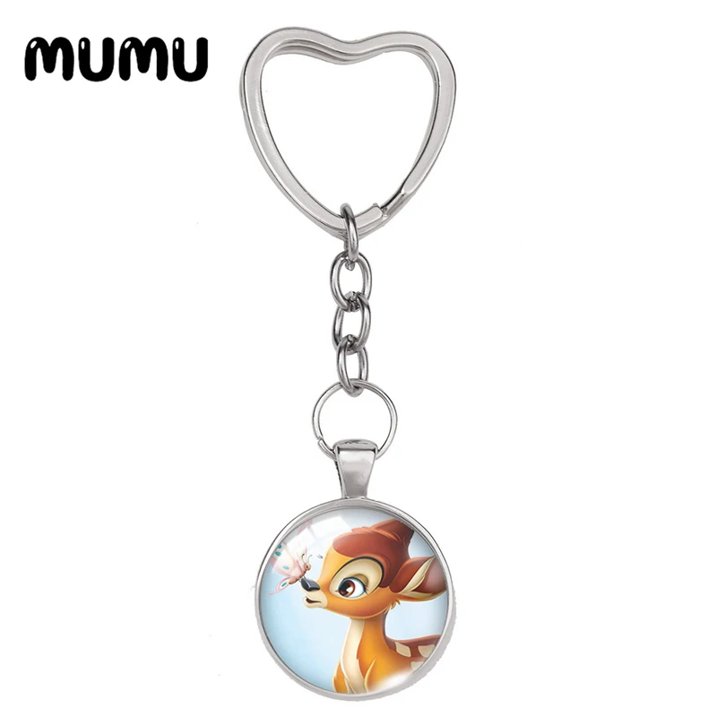 2024 New Bambi with Friends Heart Keyring Funny Keychain Glass Dome Cabochon Jewelry Gifts Children