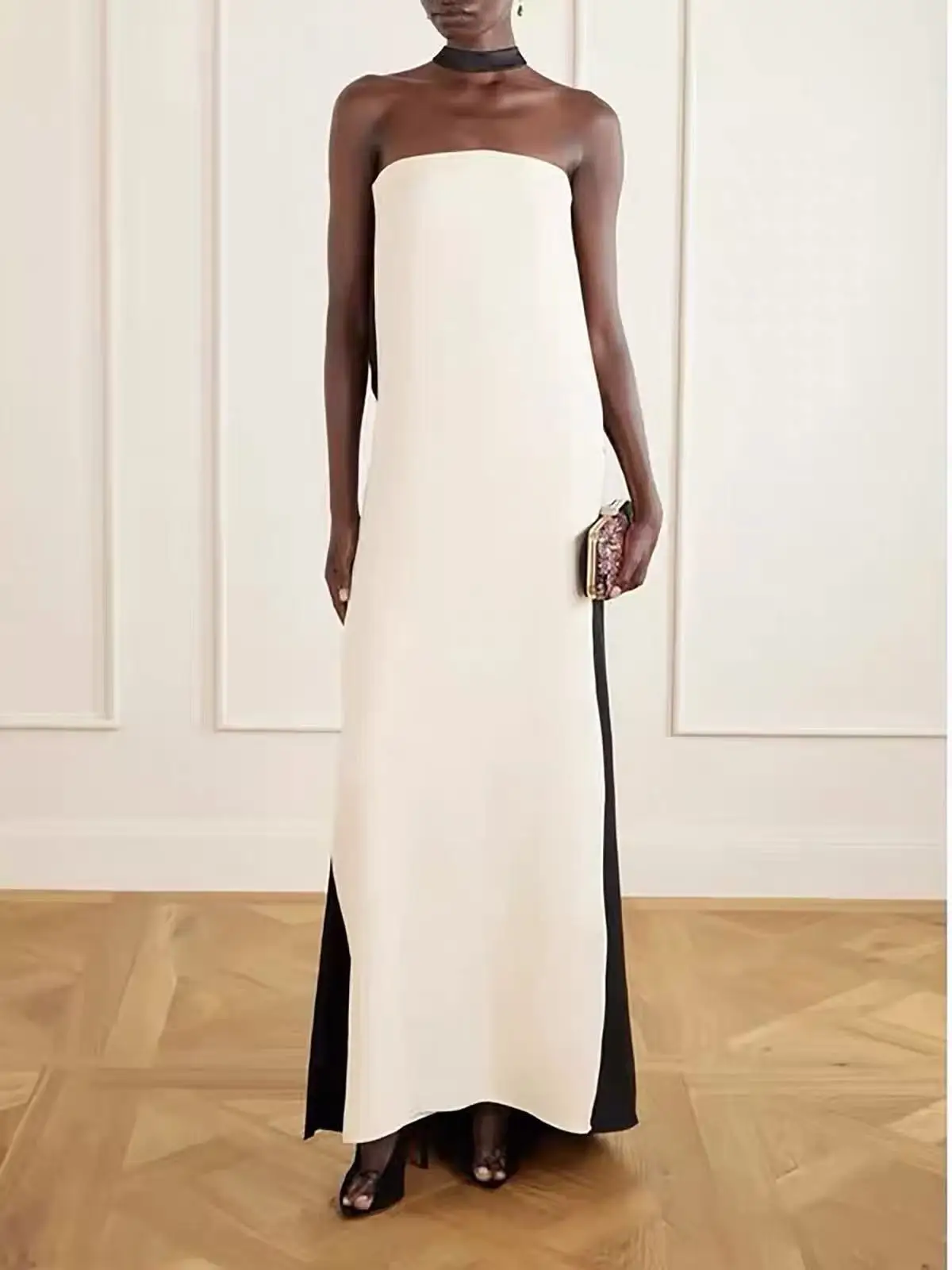 Designer Cream And Black Color Block 100% Silk Dress For Women Choker Halter Strapless Elegant Maxi Evening Formal Party Gown