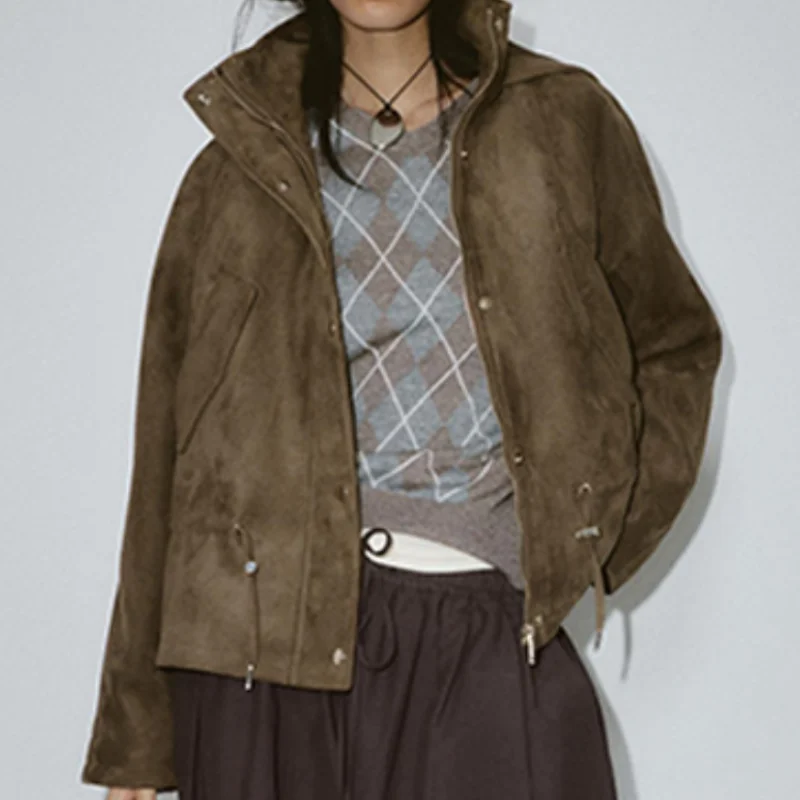Veste Vintage à cordon de serrage pour femmes, couleur unie, manteaux à capuche à manches longues, nouvelle dame automne hiver 2025, vêtements d'extérieur pour les déplacements