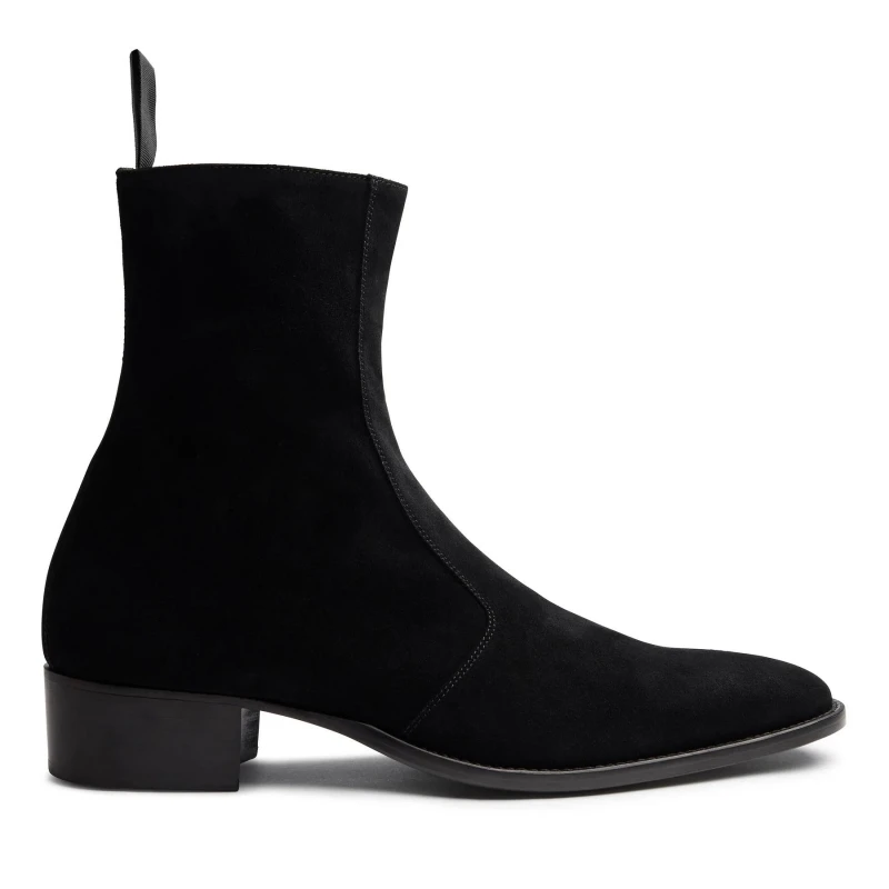 Black Cow Suede Men Western Ankle Boots Zipper Square Toe Men Winter Shoes Business Men Short Boots Handmade Men Ankle Boots