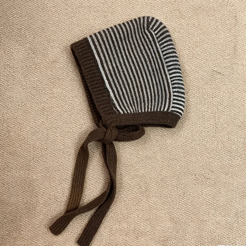 Neue japanische Wollmischung, gestreifte Strickmütze mit Schnürung, zum Schutz der Ohren, ideal für den Winter, zum Schutz des Nackens im Freien, warme Bombermütze. – Detail 7