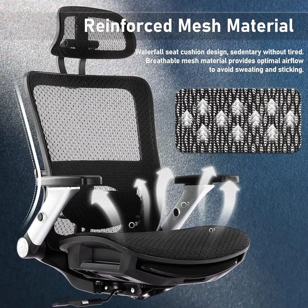 Ergonomic Mesh Office Chair With Footrest, High Ba Computer Executive Desk Chair With Headrest And 4D Flip-Up Armrests,