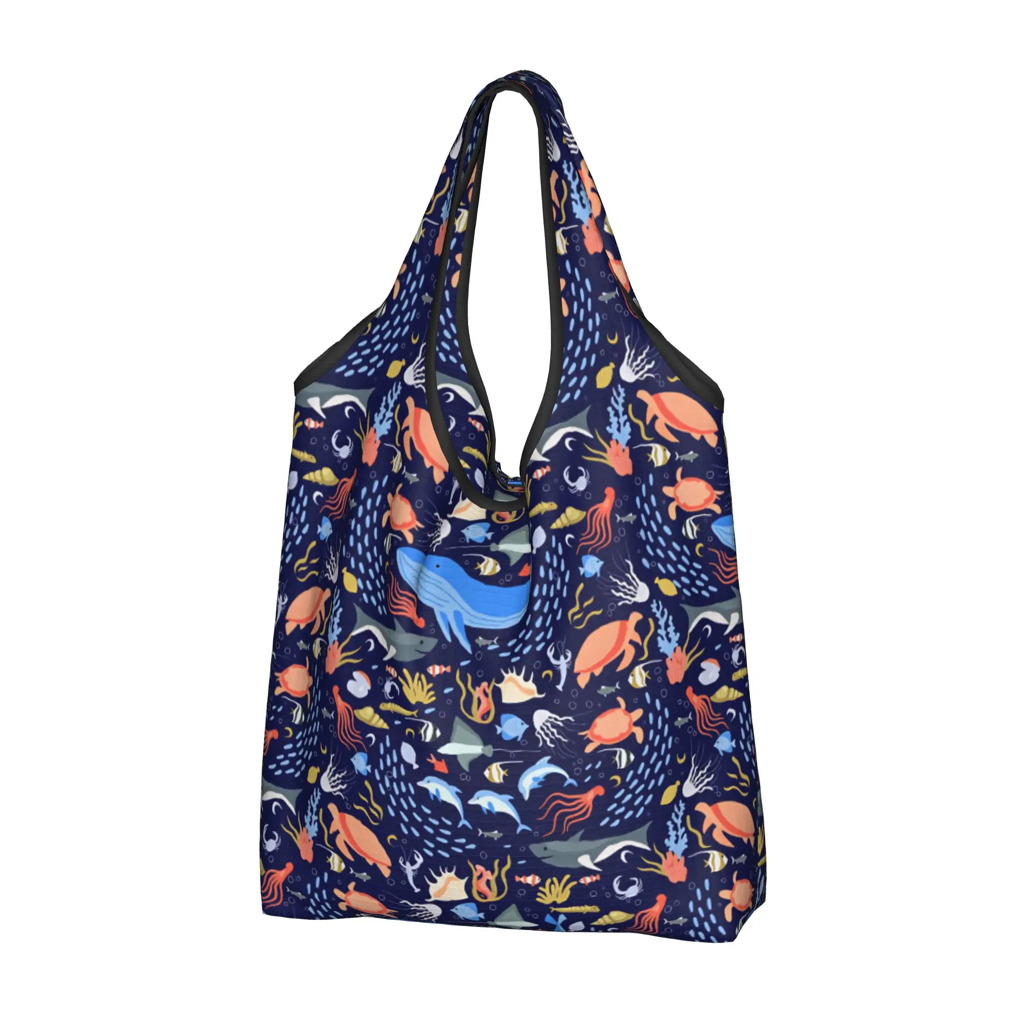 Reusable Marine Life Whale Shark Sea Turtle Shopping Bag Women Tote Bag Portable Octopus Jellyfish Dolphin Grocery Shopper Bags
