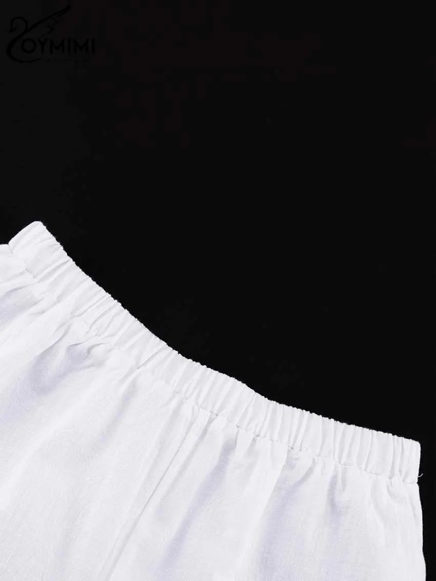 Oymimi Elegant White Cotton 2 Piece Sets Women Outfit Fashion Wrist Sleeve Lace-Up Blouse And High Waist Pleated Shorts Sets