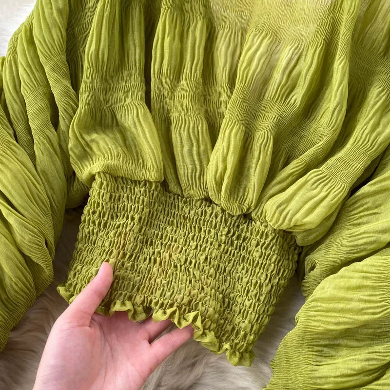 Chemisier plissé à manches lanterne à col en V pour femmes, chemises monochromes élégantes, mode coréenne, chic, Y-Fashion