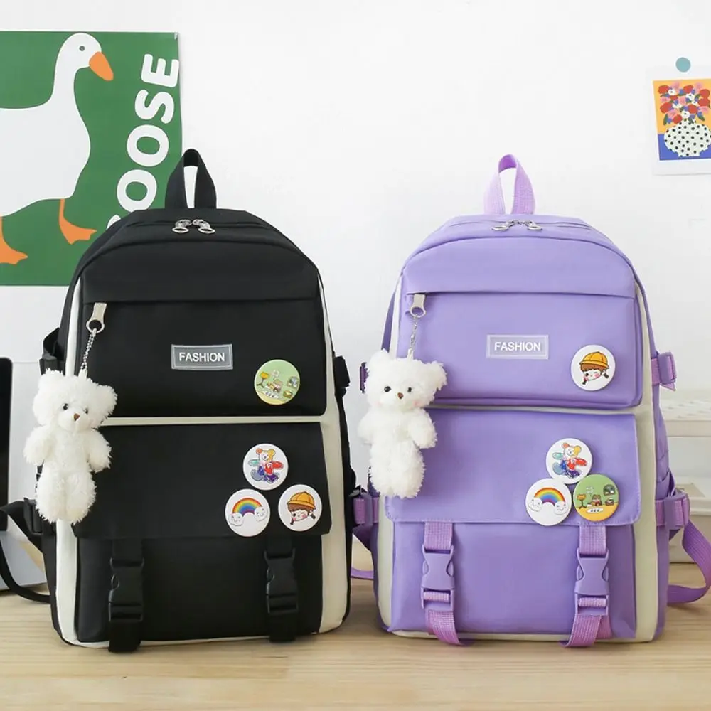 

4 Pcs Large Capacity School Backpack Set Pencil Case File Pocket Waterproof School Bag with Plush Pendant Badge