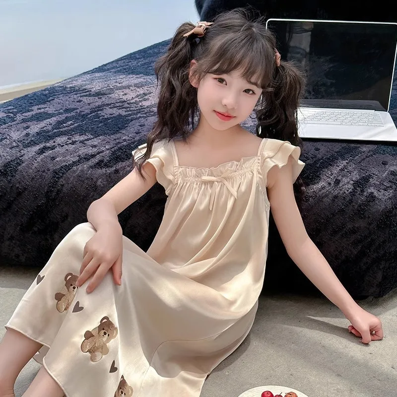 summer suspender girls nightgown princess silk dress middle-aged children cartoon print sleepwear kids night dress 4 to 16 yrs