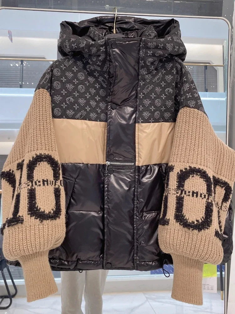 Chaqueta vaquera con estampado de letras para mujer, abrigo de plumas de pato blanco grueso, holgado, mangas tejidas, Retro, moda de invierno