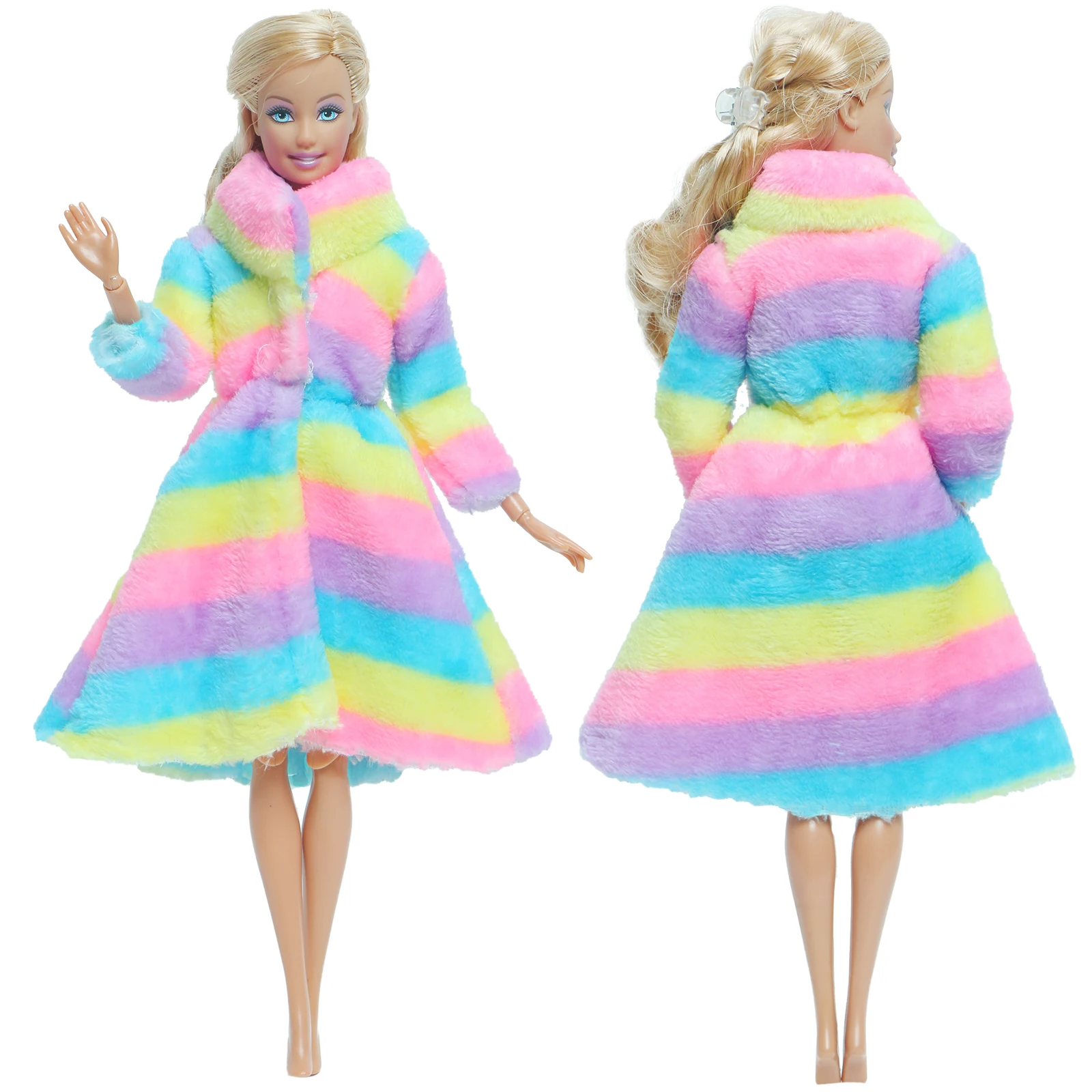 Multicolor Long Sleeve Coat Soft Fur Plush Coat Dress Winter Outfit Warm Wear Accessories for Barbie Doll Clothes Kids Toy Gift