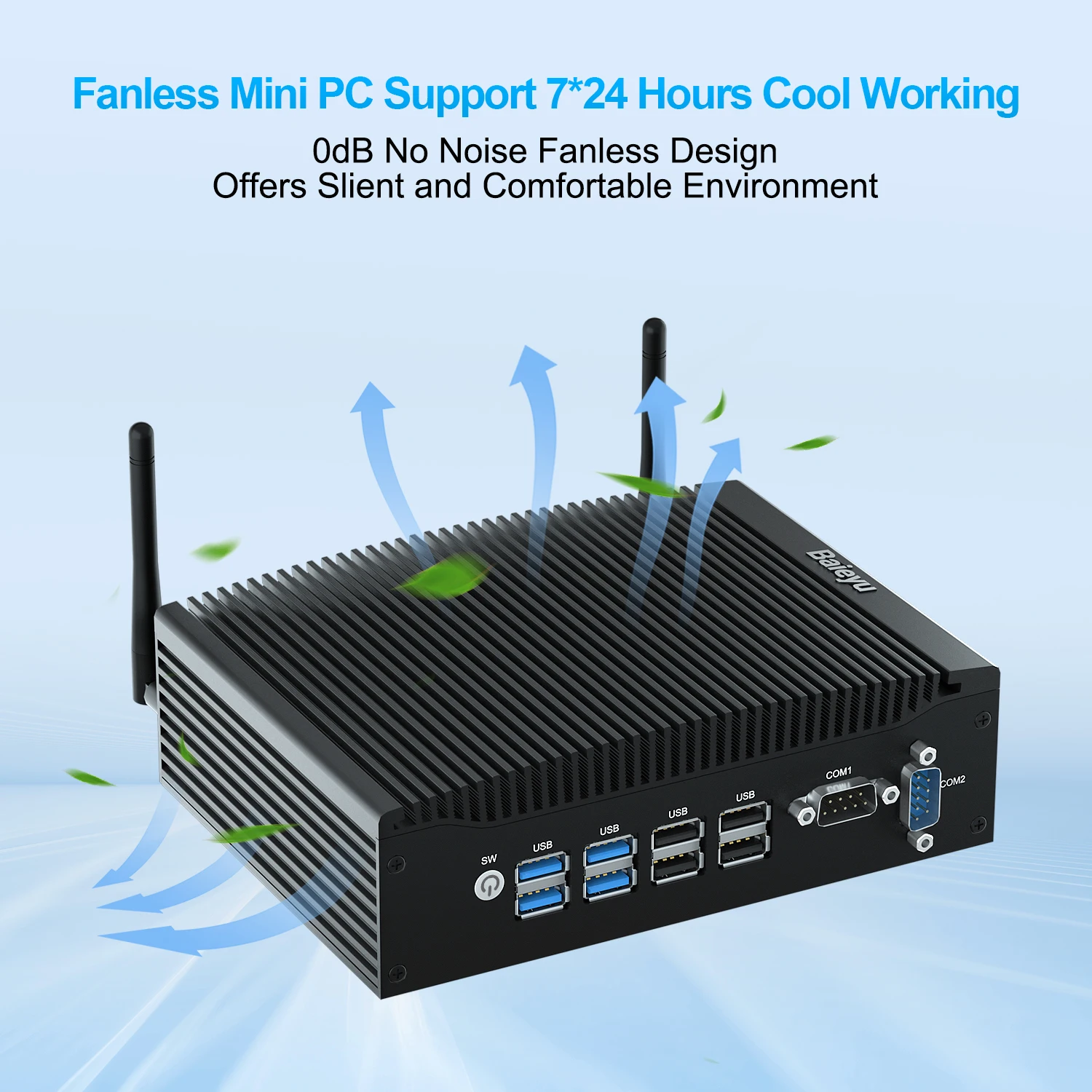 

HYSTOU Mini PC H7 Coreb i7-10610U 4× USB 2.0 4× USB 3.0 2× DB9 RS232 порты 4K Dual HDMI, WiFi6 2× Антенные интерфейсы