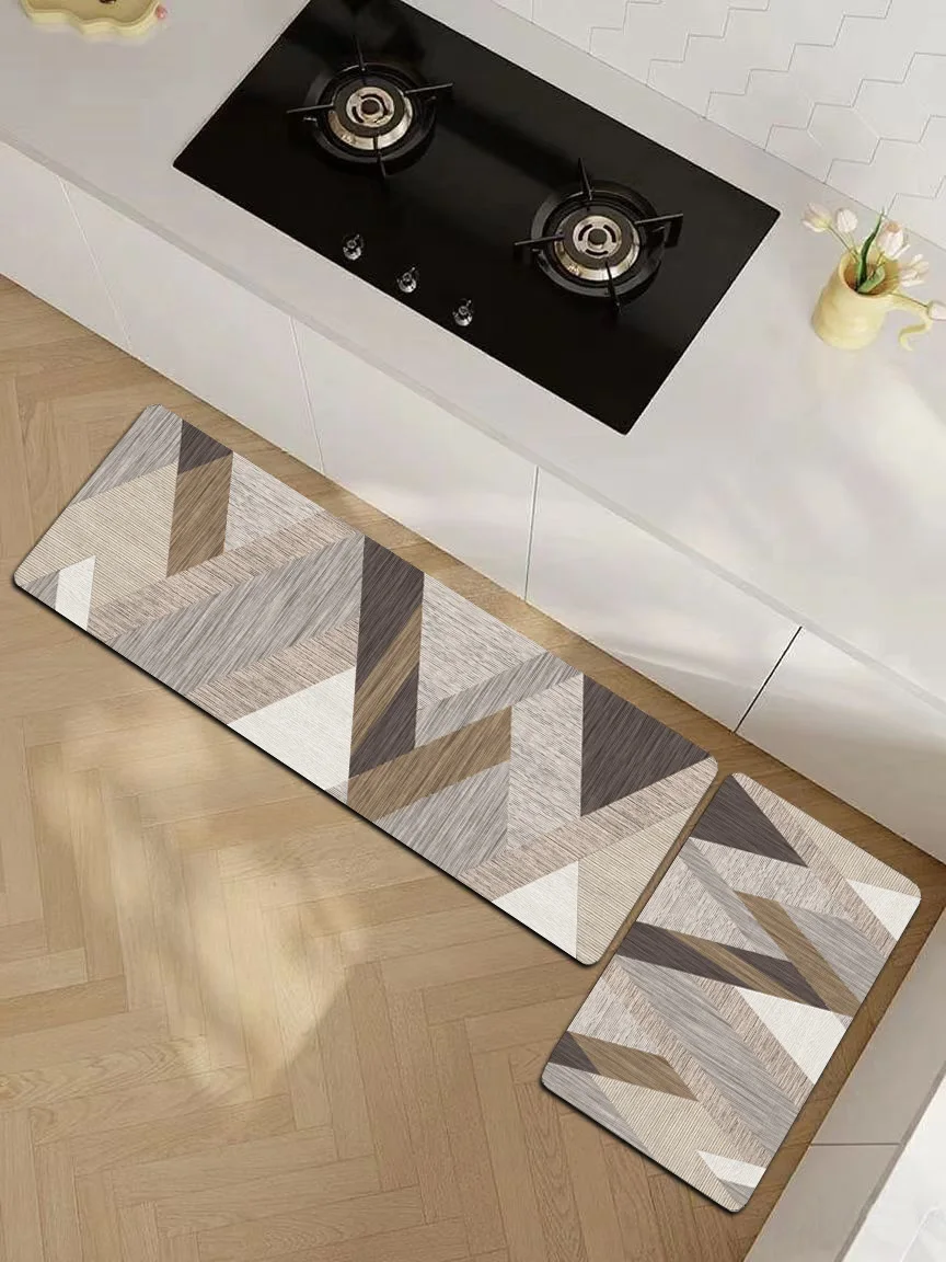 New kitchen & bath rugs with faux‑wood geometric triangle print. Super slip‑resistant, highly absorbent & easy to clean.