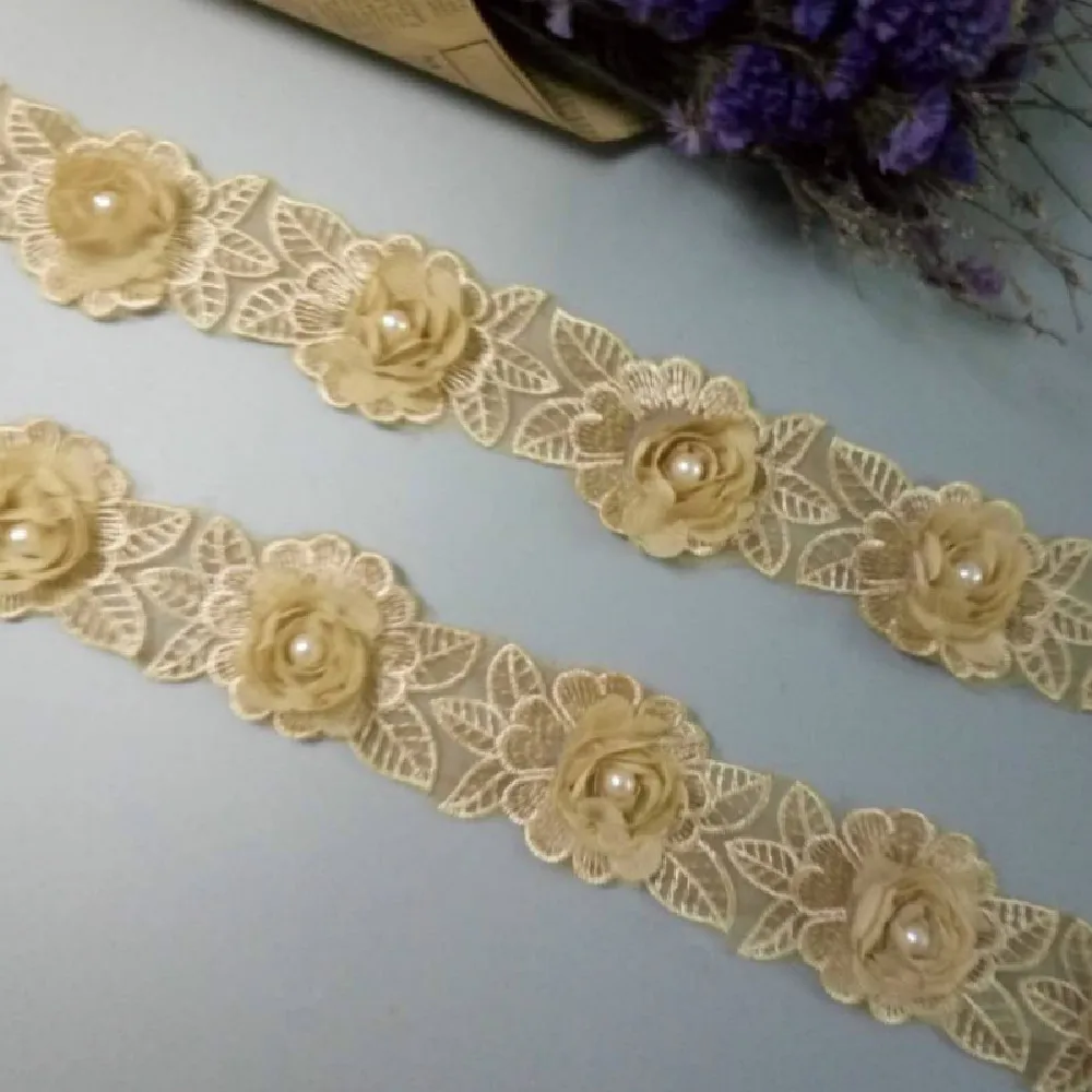 2 Yard Gold Soluble Rose Flower Pearl Chiffon Embroidered Lace Trim Ribbon Fabric Handmade Vintage Wedding Dress Sewing Craft