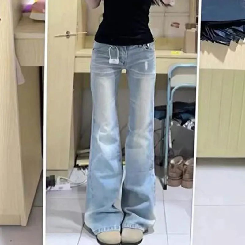 جينز متوهج خفيف للنساء مقاس كبير من الدانتيل منخفض الارتفاع بطول الأرض، سروال سفلي ضيق مناسب للسيدات المتعرجين #3