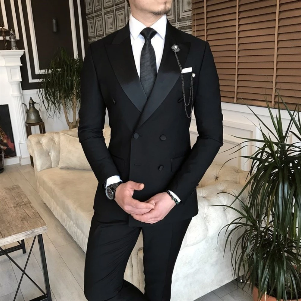 Elegant Black Men Suits 2 Piece Set High-end Peak Lapel Double Breasted Tuxedo Party Wedding Groom Formal Solid Male Suit