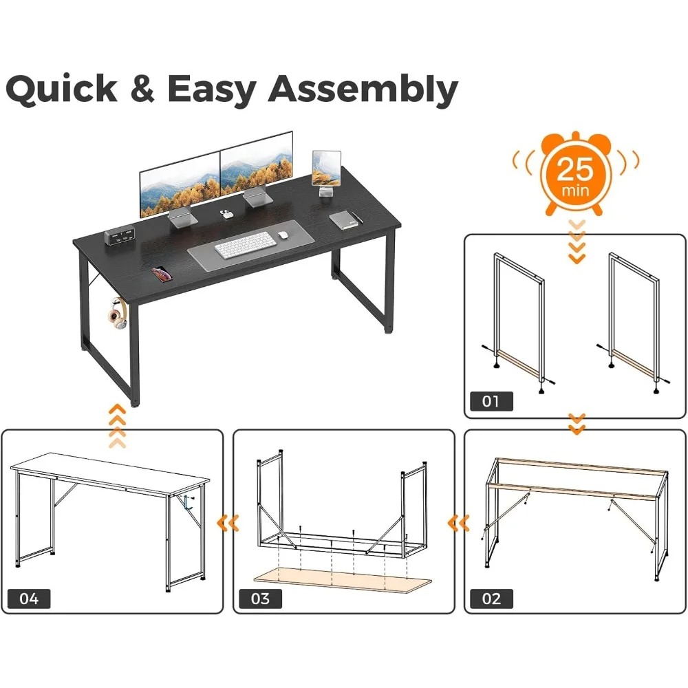 54 Inch Large Modern Office Desk, Gaming & Writing Desk with Metal Frame, Spacious Legroom, Black