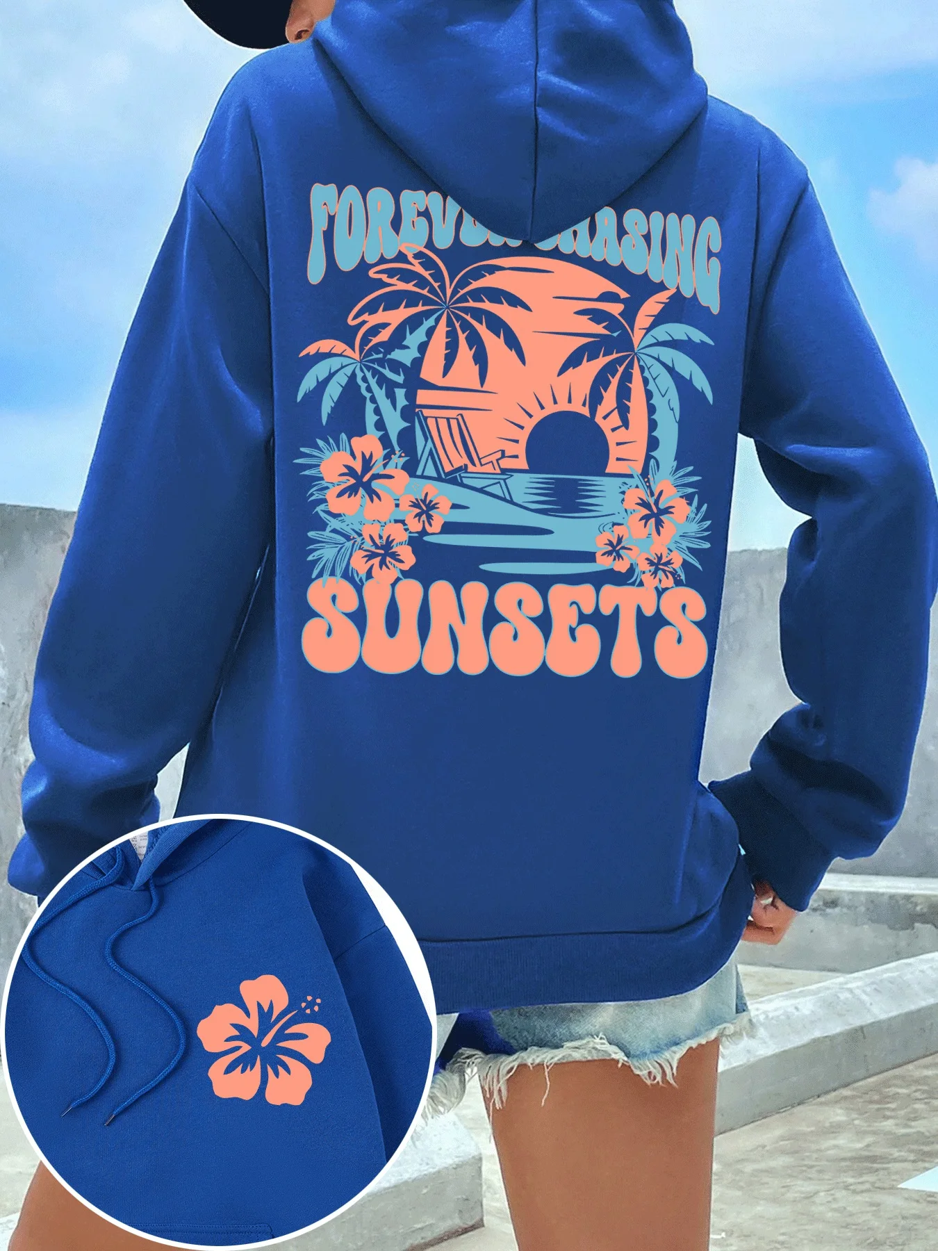 Forever Chasing Sunsets-sudaderas con estampado de árbol de coco para mujer, ropa de calle Y2K con bolsillo, ropa informal suave, Sudadera con capucha de lana para otoño