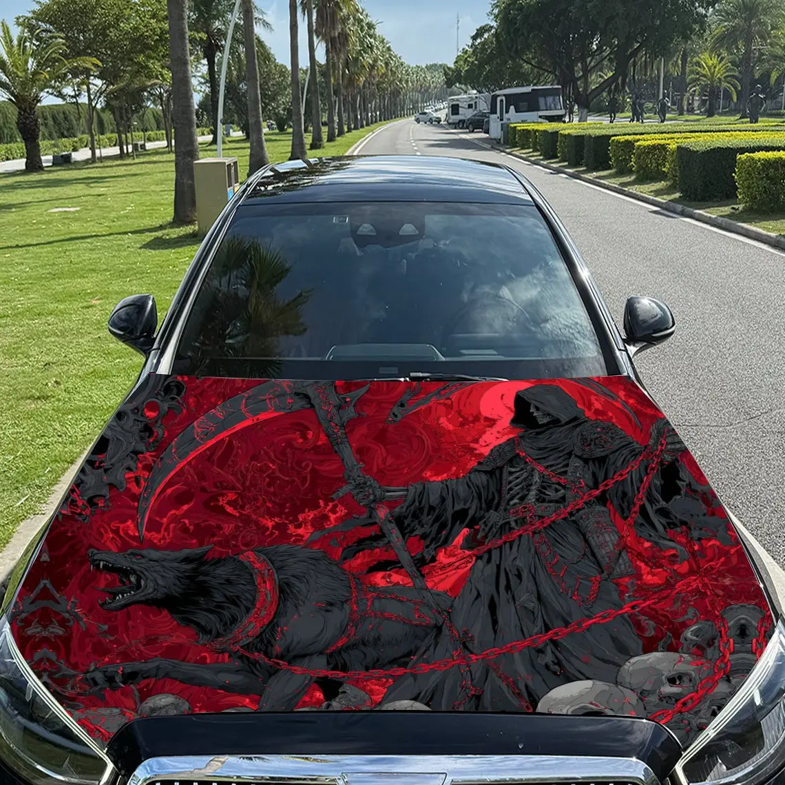

Grim Reaper and Hellhound Car Vinyl Wrap, PVC Material Waterproof Car Hood Sticker, Self-Adhesive Scratch-Resistant Stickers for