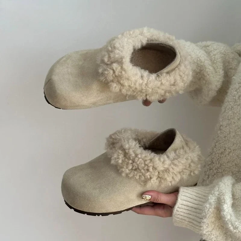 

Autumn Winter Warm Cotton Women Chunky Loafer Comfort Round Toe Shallow Shoes Outdoor Slip On Short Plush Flats Shoes
