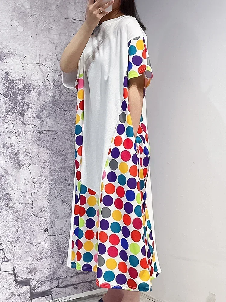 XITAO Dot Print T-shirt Jurk Losse Mode Casual Vrouwen Asymmetrische Contrast Kleur Print Zoom Zomer Nieuwe Jurk WMD6195