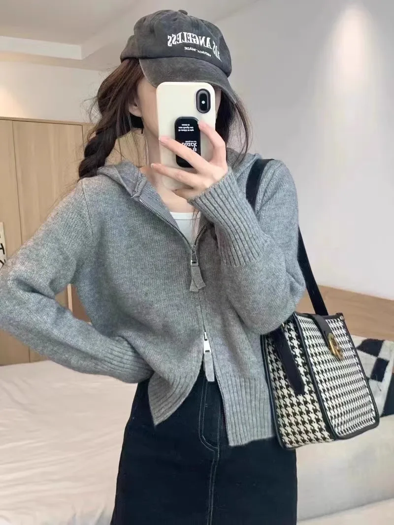New autumn and winter double zipper 100% pure wool cardigan women's hooded cashmere sweater jacket
