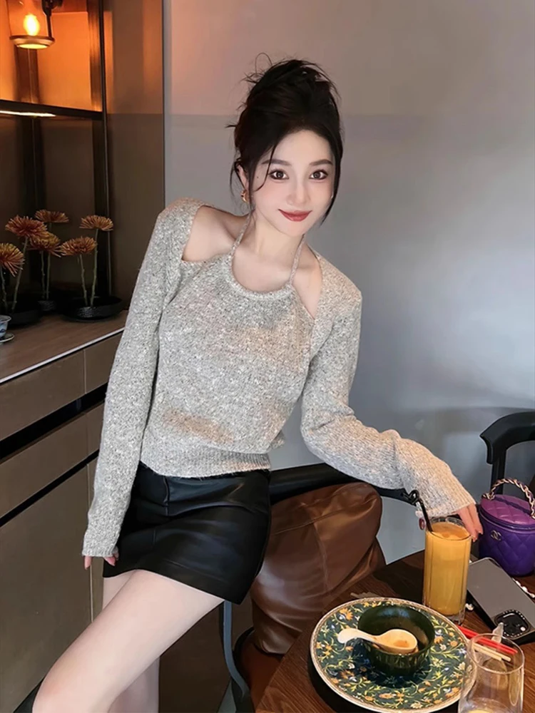 Pullovers Women Autumn Winter Halter Korean Style  Fake 2pcs Temperament Design Chic Casual Solid All-match Knitted Basic New