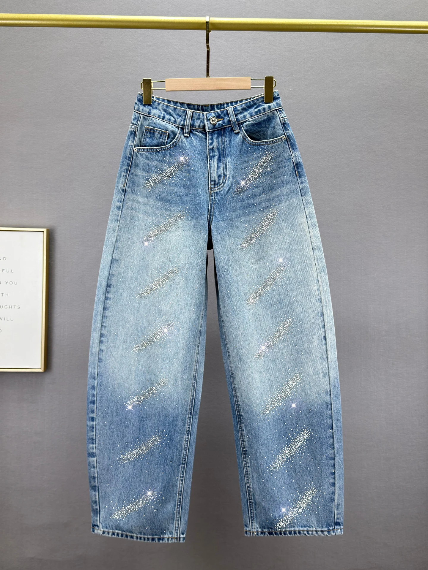 

Женские джинсы с высокой талией, свободного кроя, утягивающие, со стразами, удлиненные, винтажные, весенняя новинка