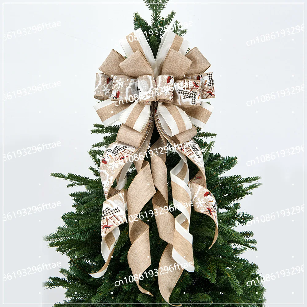 Christmas Tree Top Plaid Snowman Big Bow, Red Imitation Linen Ribbon Christmas Bow