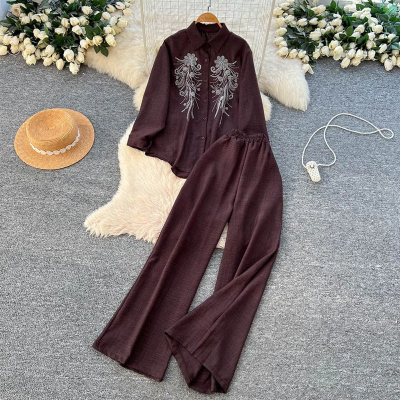 2026 Autumn New Casual Sets Women's Loose Fashion Rhinestones Long-sleeved Single-breasted Shirt High Waist Wide-Leg Pants Suit