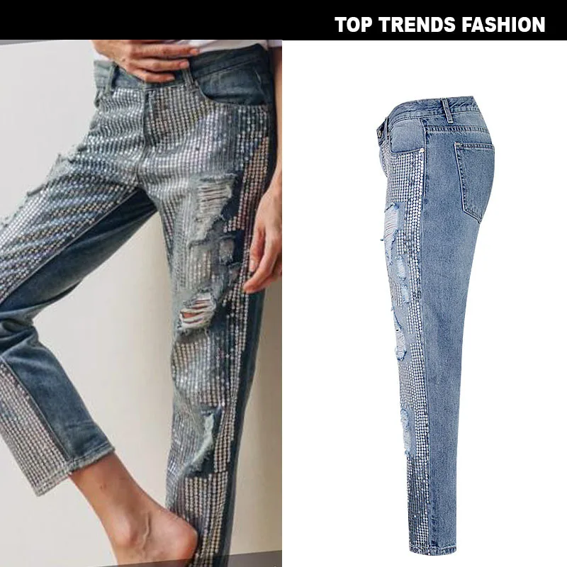 Imagem -02 - Denim Feminino com Furos Angustiados Retalhos de Lantejoulas Comprimento do Tornozelo Calça Reta Algodão Jean Streetwear Estilo Coreano Moda