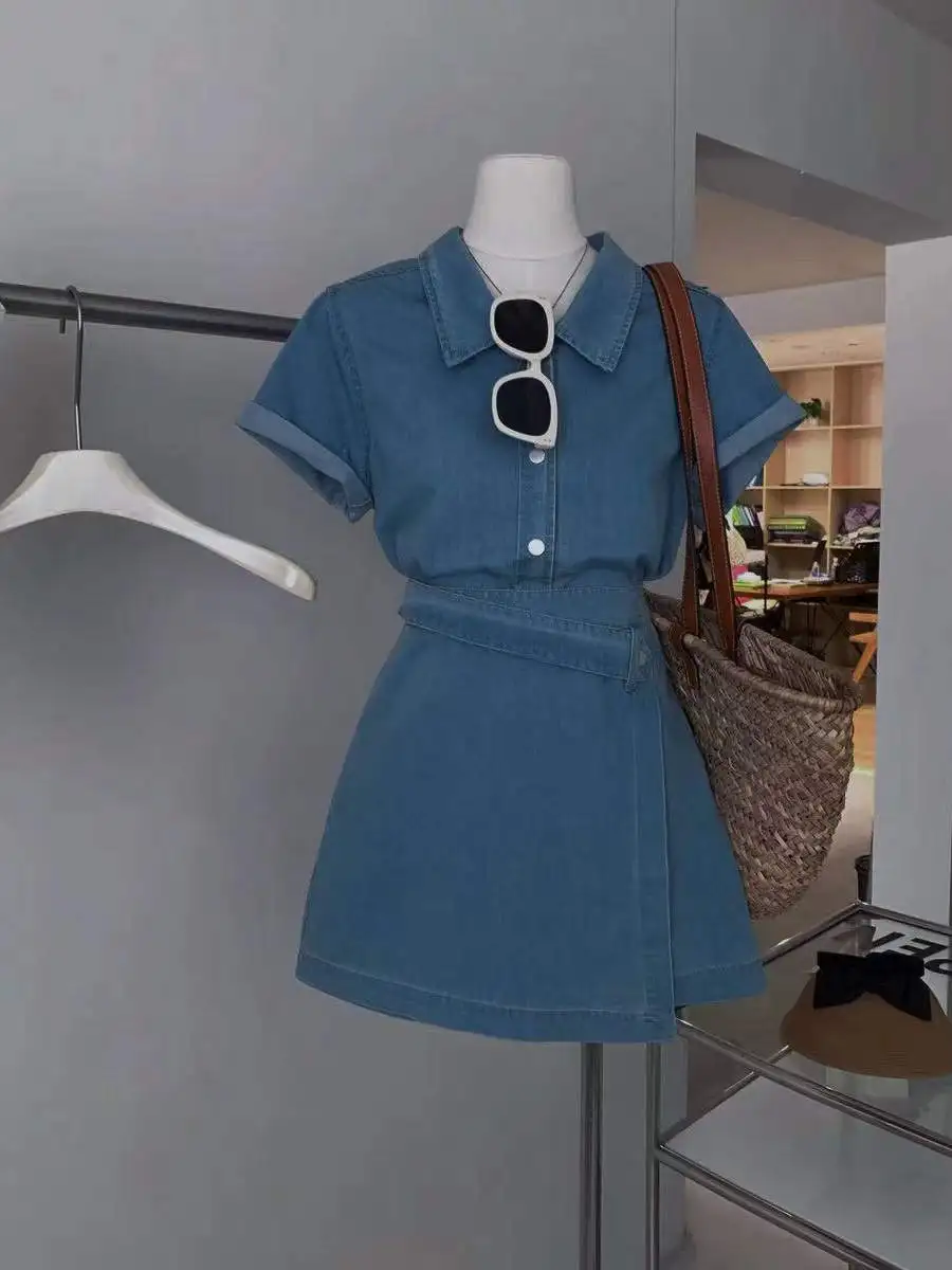 Set Rok Denim A-Line Longgar Slim Fit Wanita dengan Kerah Lipat dan Ikat Pinggang, Pakaian Kasual Katun Modis