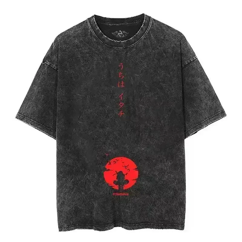 Camiseta Vintage de algodón con estampado de Anime japonés para hombre, camiseta de gran tamaño de Naruto, ropa de calle Harajuku, camisa negra de manga corta, camisetas de algodón