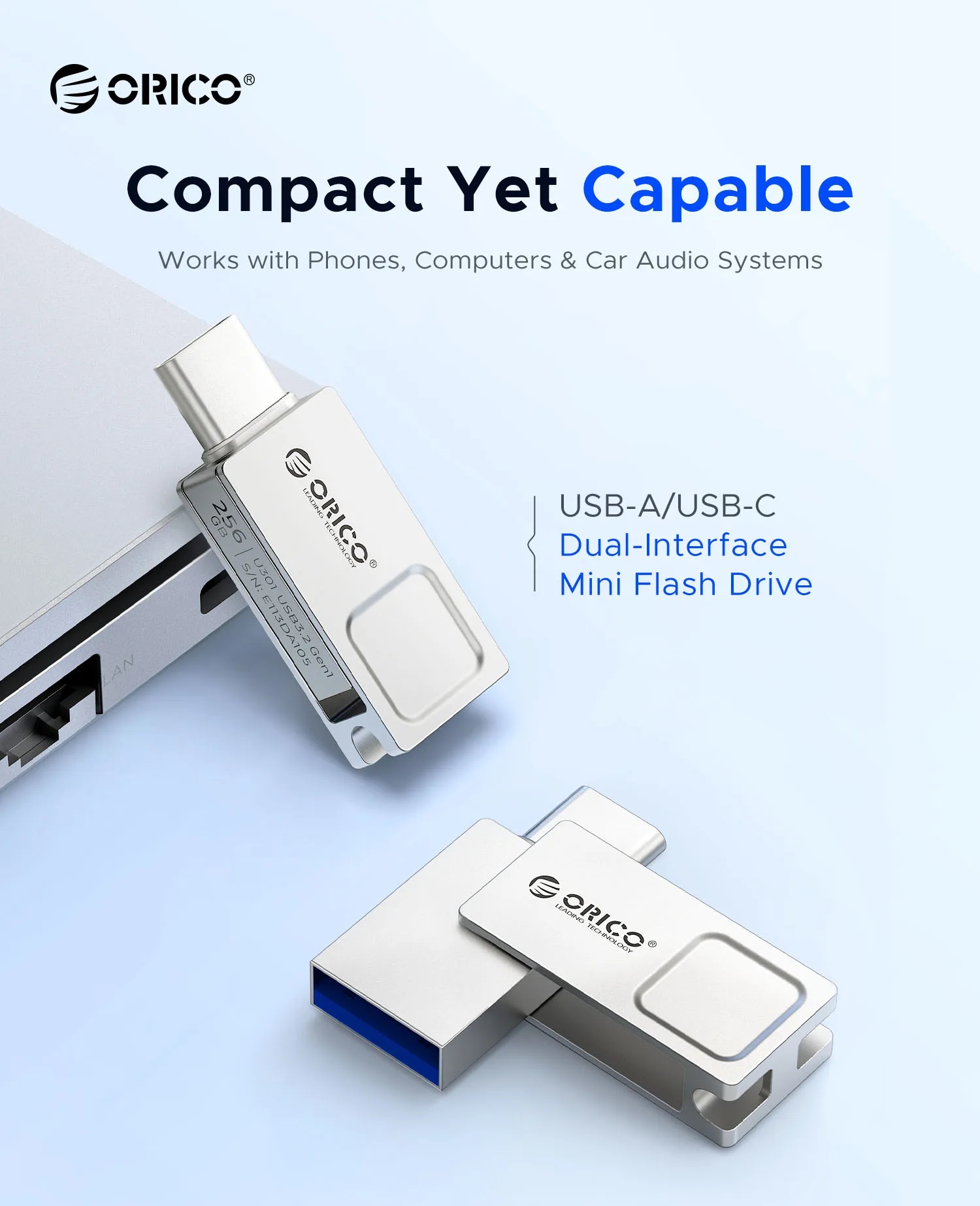 ORICO USB3.2 Mini 2 in 1 Dual Flash Drive USB C Pen Drive OTG Dual Memory Stick for MacBook Android Car 256GB 128GB 32GB 64GB
