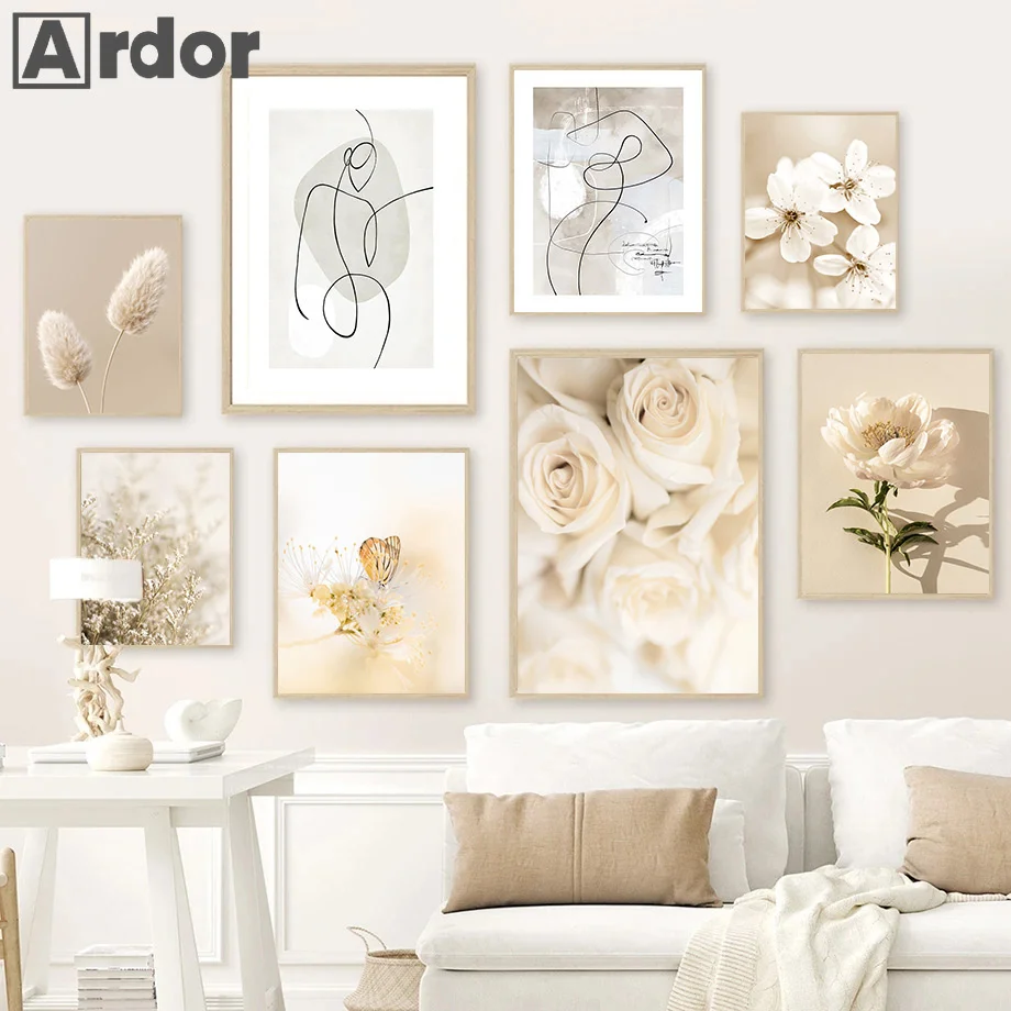 

Beige Peony Rose Line Flower Lines Autumn Wall Art Canvas Painting Nordic Posters And Prints Picture Living Room Home Decoration