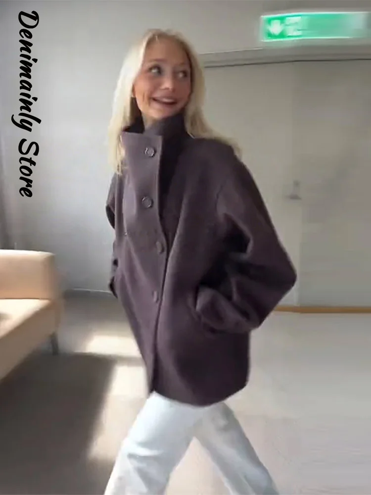 

Fashion Stand Collar Short Woolen Coat Women Loose Single Breasted Solid Jackets Female 2025 Autumn Winter New Lady Outwear