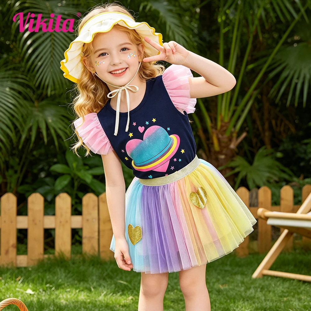 VIKITA Mädchen-Sommer-Tops mit Herz- und Planeten-Print, Puffärmeln und Farbverlauf-Ombre-Tüll-Mesh-Rock, 2-teiliges Kleidungsset, Outfits