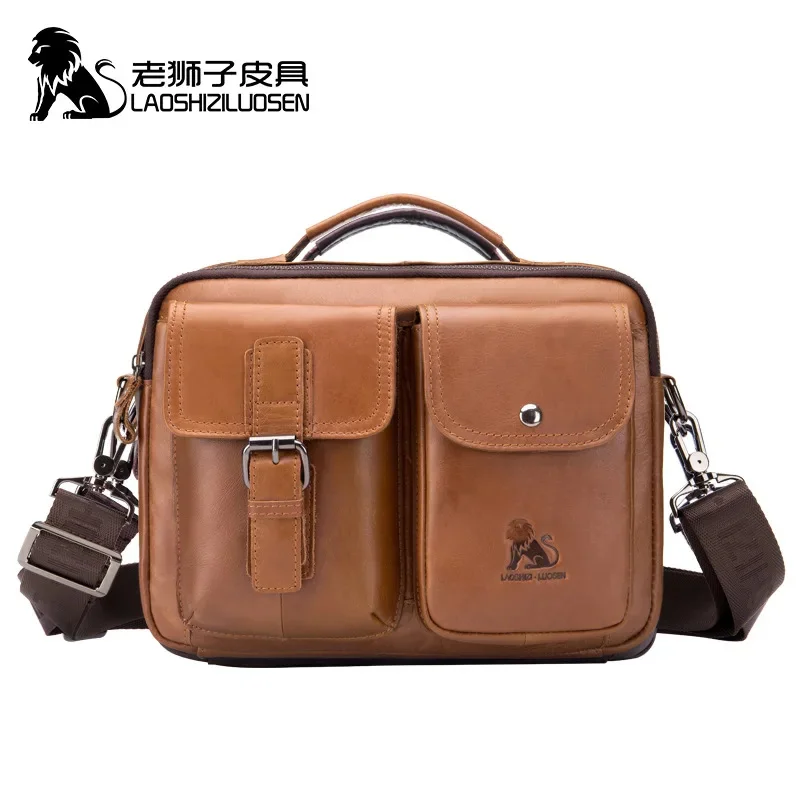 Laoshizi Vintage Mannen Echt Lederen Aktetas Schouder Zachte Koeienhuid Messenger Tas Mannen Handtassen Zakelijke Casual Draagtas