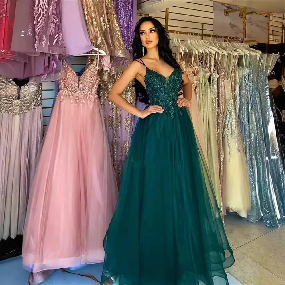 N129 personalizado verde escuro vestido de noite formal doce memória senhora sexy banquete anfitrião cinta espaguete vestido de festa de casamento