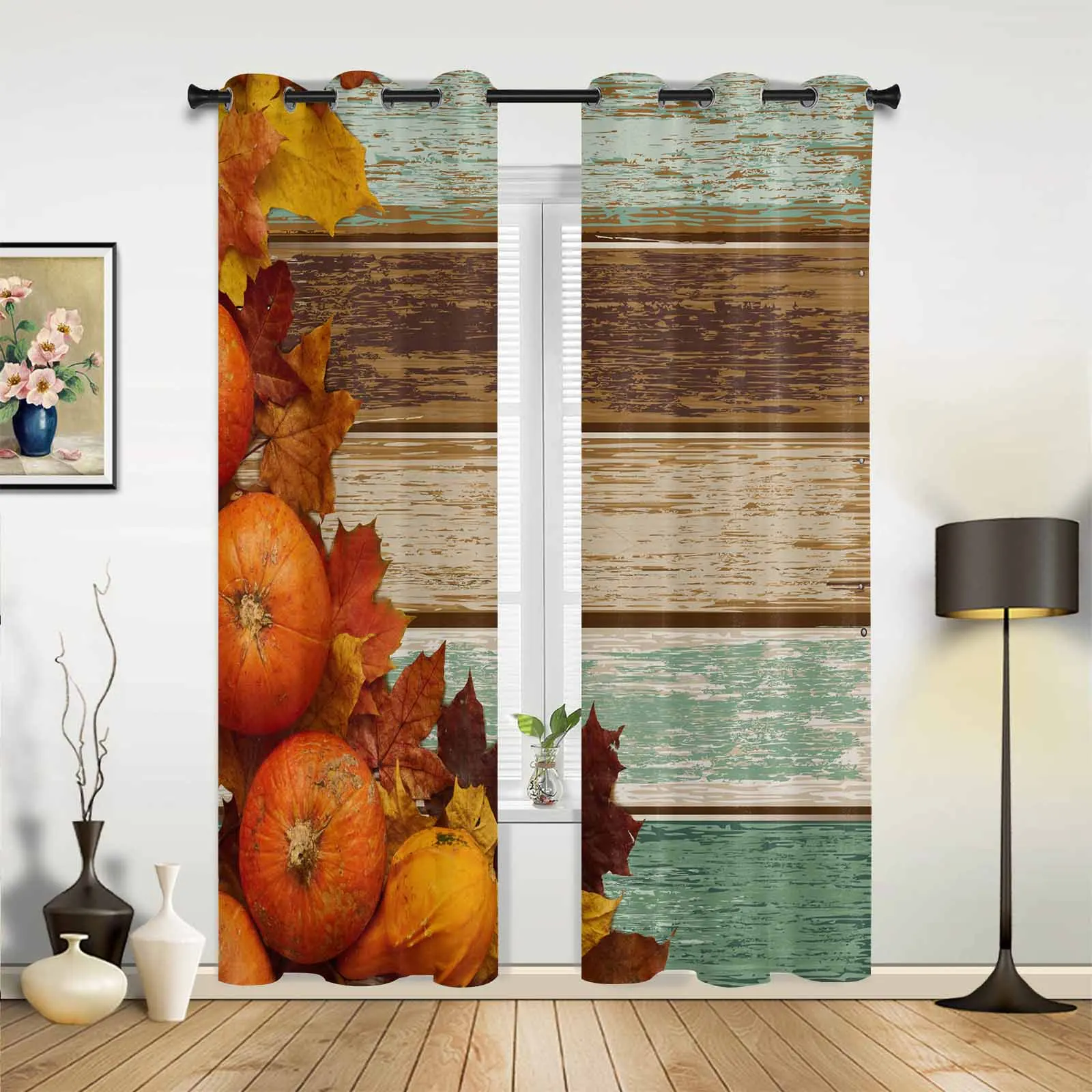 Thanksgiving Pumpkin Wood Grain Modern Window Curtains for Living Room Bedroom Curtain Kitchen Treatment Blinds Drapes