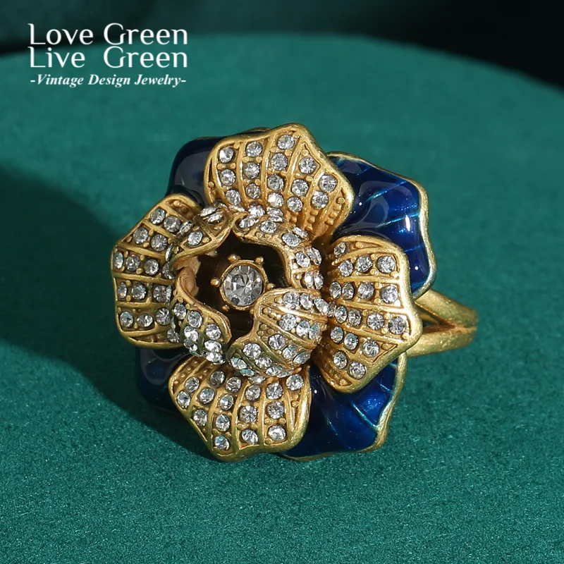 

Floral Rhinestones Flower Ring Vintage Jewelry Decoration Blue Oil Drop Gold Color Antique Wedding Engagement For Women Luxury