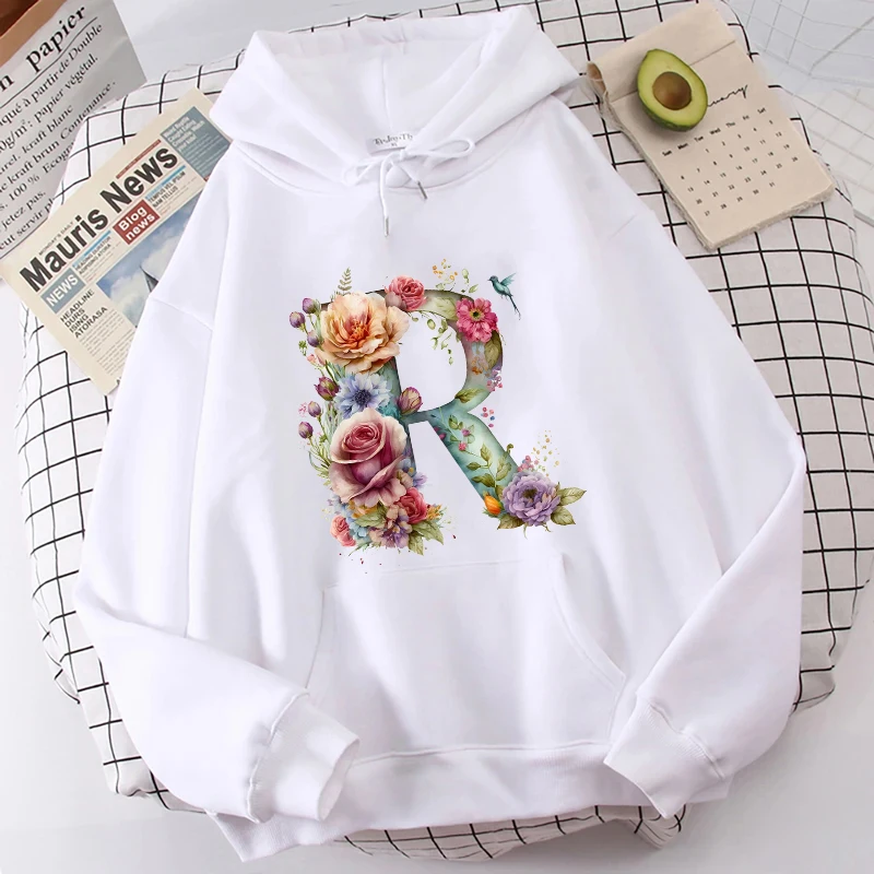 Women Hoodies Clothing 26 Alphabet Sweatshirts Hooded Shirt Fashion Flower Letters Graphic Outerwear White Women's Sweat-shirts