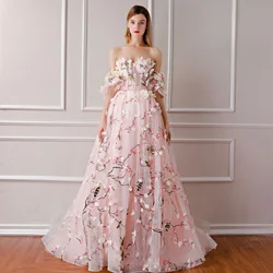 Off Shoulder Pink Dress Wedding Evening Dress Elegant Dresses For Women Prom Dresses Bridal Gown 3D Embroidered Flower Dress