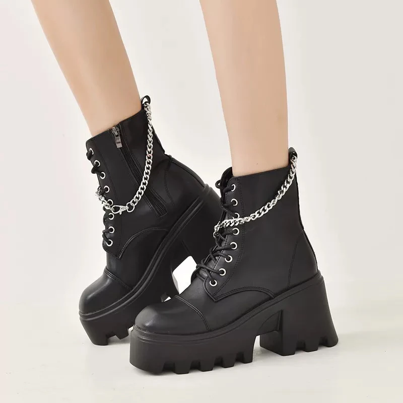 

Lacquer Leather Goth Punk Lolita Girl Black Boots Women High Heels Chain Thick Soled Boots Punk Style Short Boots