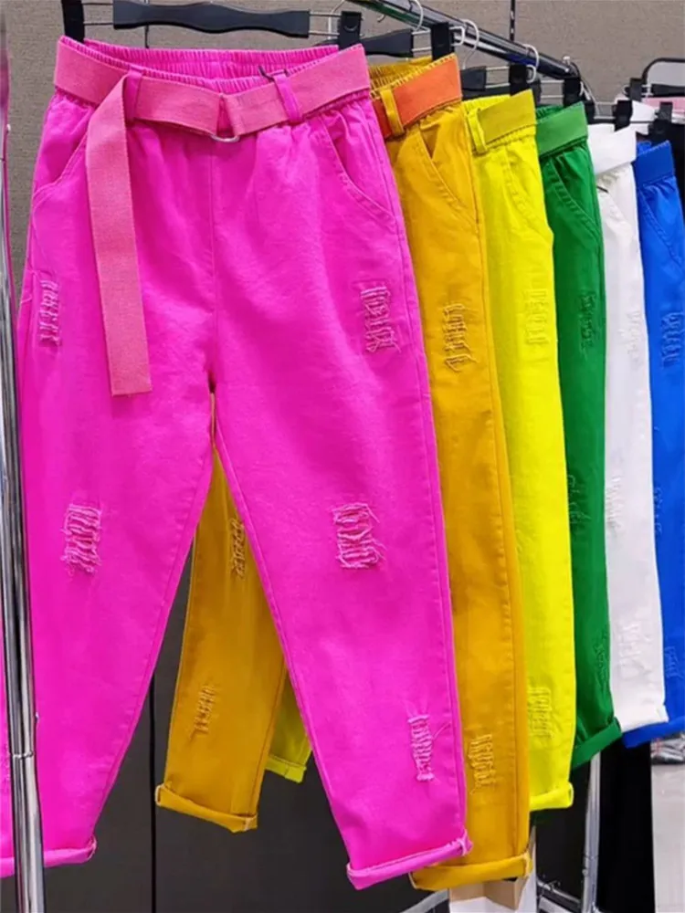 

Весна 2024, джинсы ярких цветов для папы, утягивающие джинсы с высокой талией, девятисекционные повседневные женские хлопковые джинсовые шаровары с дырками