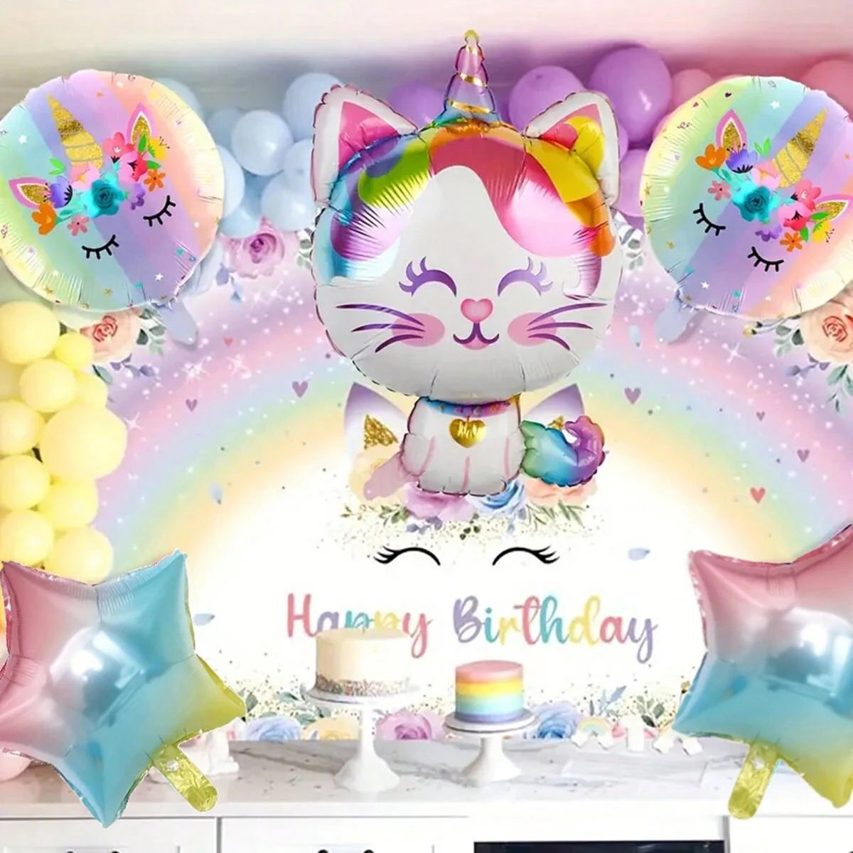 5 pieces Unicorn Cat 18-inch gradient five-pointed star aluminum foil balloon set unicorn theme birthday party decoration balloo