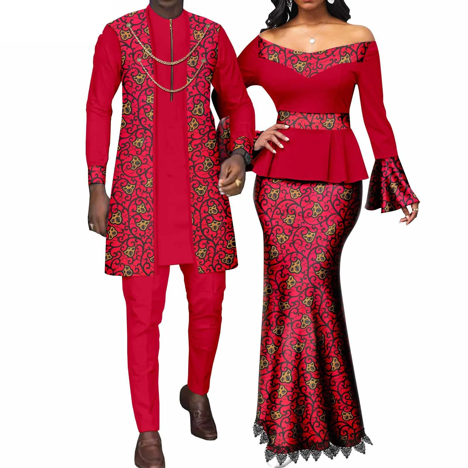 

African Couple Matching Clothes for Wedding Bazin Riche Dashiki Men 3 Pieces Sets Women Print Top and Lace Skirts Sets Vestidos